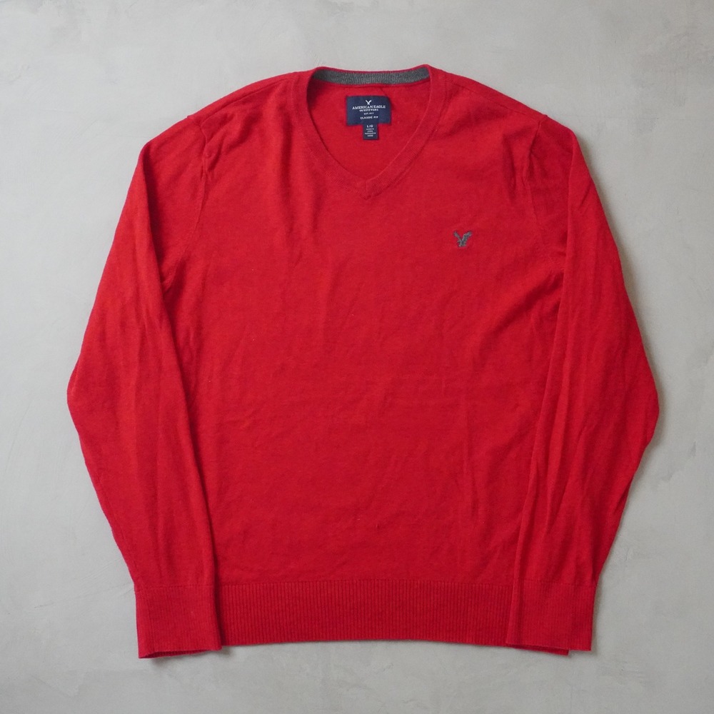 American Eagle V-Neck Sweater Large Mens Red Classic Fit Eagle Logo Pullover